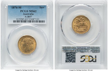 Victoria gold "St. George" Sovereign 1876-M MS62 PCGS, Melbourne mint, KM7, S-3857. A somewhat scarcer date according to Marsh, the current offering f...