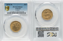 Victoria gold "St. George" Sovereign 1876-M MS61 PCGS, Melbourne mint, KM7, S-3857. Horse with long tail, WW buried in truncation. Cautiously shimmeri...