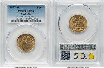 Victoria gold "St. George" Sovereign 1877-M AU58 PCGS, Melbourne mint, KM7, S-3857. Horse with long tail. A pretty example with evidence of very gentl...