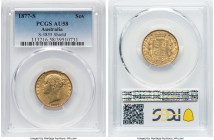 Victoria gold "Shield" Sovereign 1877-S AU58 PCGS, Sydney mint, KM6, S-3855. An appreciable near-Mint State representative with honeyed hue and glimme...