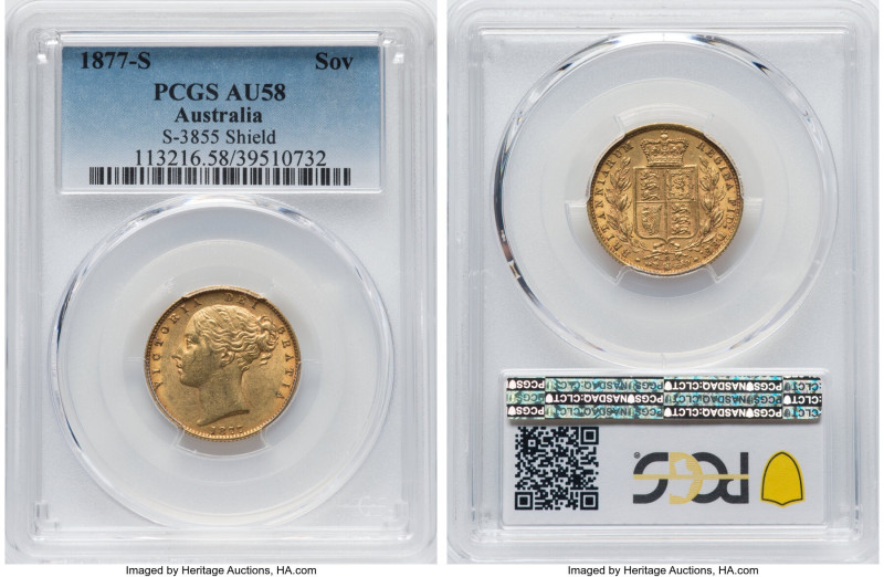 Victoria gold "Shield" Sovereign 1877-S AU58 PCGS, Sydney mint, KM6, S-3855. An ...