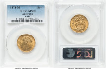 Victoria gold "St. George" Sovereign 1878-M MS62 PCGS, Melbourne mint, KM7, S-3857. Just a touch of cabinet friction on the higher points and occasion...