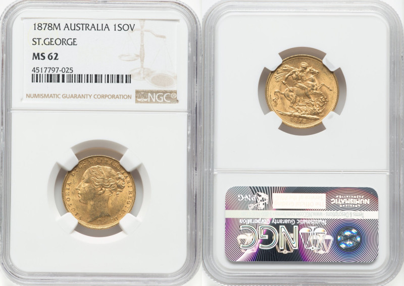 Victoria gold "St. George" Sovereign 1878-M MS62 NGC, Melbourne mint, KM7, S-385...