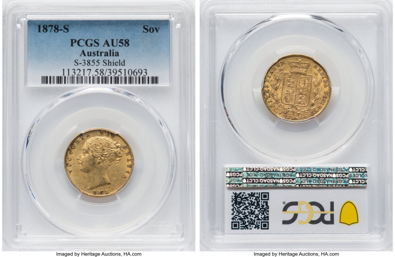 Victoria gold "Shield" Sovereign 1878-S AU58 PCGS, Sydney mint, KM6, S-3855. Som...