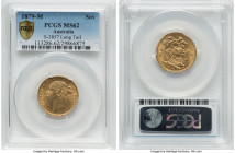 Victoria gold "St. George" Sovereign 1879-M MS62 PCGS, Melbourne mint, KM7, S-3857. Long Tail variety. An enticing, champagne-yellow specimen with gli...