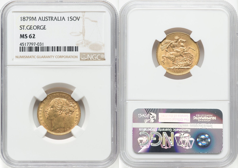 Victoria gold "St. George" Sovereign 1879-M MS62 NGC, Melbourne mint, KM7, S-385...