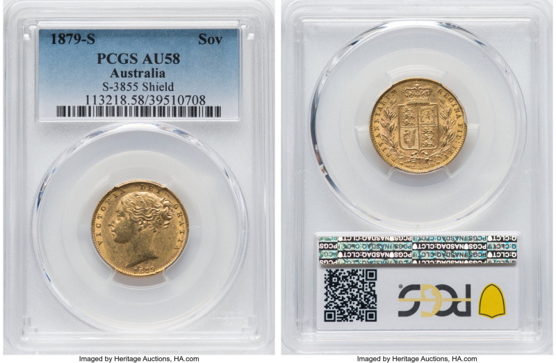 Victoria gold "Shield" Sovereign 1879-S AU58 PCGS, Sydney mint, KM6, S-3855. A p...