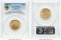 Victoria gold "St. George" Sovereign 1880-M MS62 PCGS, Melbourne mint, KM7, S-3857. Horse with long tail. With good eye-appeal and appreciably satiny ...