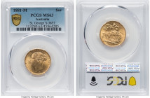 Victoria gold "St. George" Sovereign 1881-M MS63 PCGS, Melbourne mint, KM7, S-3857. Horse with long tail. Only very infrequently offered on the market...
