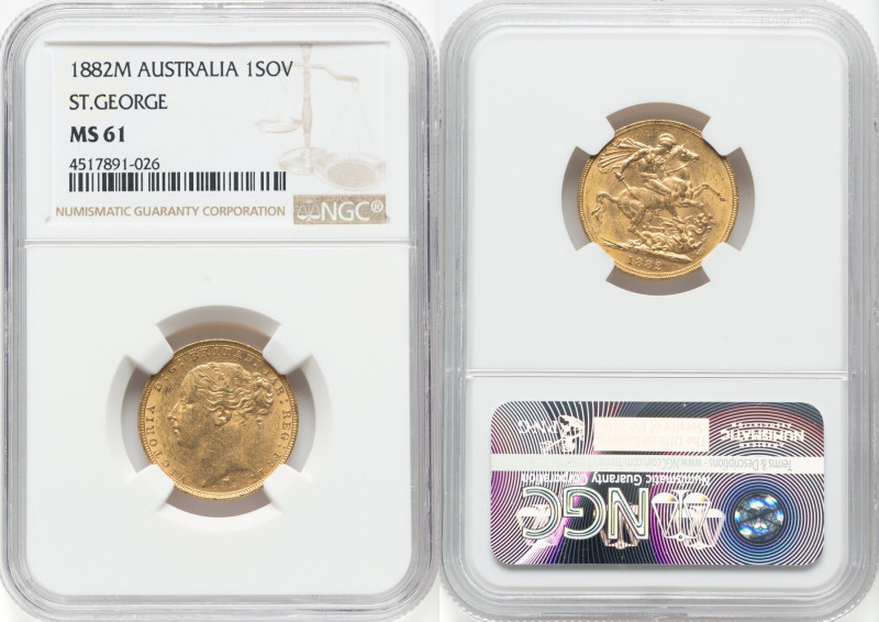 Victoria gold "St. George" Sovereign 1882-M MS61 NGC, Melbourne mint, KM7, S-385...