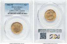 Victoria gold "St. George" Sovereign 1883-M MS62+ PCGS, Melbourne mint, KM7, S-3857C. Horse with short tail, WW complete on truncation. An adorable an...