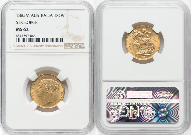 Victoria gold "St. George" Sovereign 1883-M MS62 NGC, Melbourne mint, KM7, S-385...