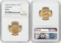Victoria gold "St. George" Sovereign 1883-M MS62 NGC, Melbourne mint, KM7, S-3857B. Horse with short tail, WW buried in truncation. Yellow-gold and br...