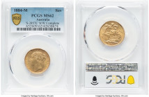 Victoria gold "St. George" Sovereign 1884-M MS62 PCGS, Melbourne mint, KM7, S-3857C. Horse with short tail, WW complete on truncation. Gingerly lustro...