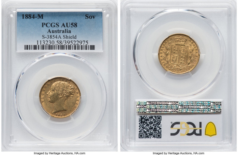 Victoria gold "Shield" Sovereign 1884-M AU58 PCGS, Melbourne mint, KM6, S-3854A....