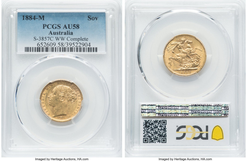 Victoria gold "St. George" Sovereign 1884-M AU58 PCGS, Melbourne mint, KM7, S-38...