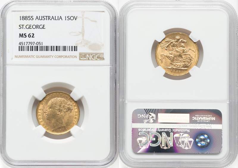 Victoria gold "St. George" Sovereign 1885-S MS62 NGC, Sydney mint, KM7, S-3585E....