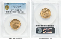 Victoria gold "St. George" Sovereign 1885-M MS62 PCGS, Melbourne mint, KM7, S-3857C. Horse with short tail, WW complete on truncation, BP barely visib...
