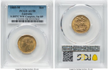 Victoria gold "St. George" Sovereign 1885-M AU58 PCGS, Melbourne mint, KM7, S-3857C. Horse with short tail, WW complete in truncation, Small BP. Quite...