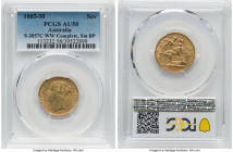 Victoria gold "St. George" Sovereign 1885-M AU58 PCGS, Melbourne mint, KM7, S-3875C. Horse with short tail, WW complete in truncation, Small BP. A who...