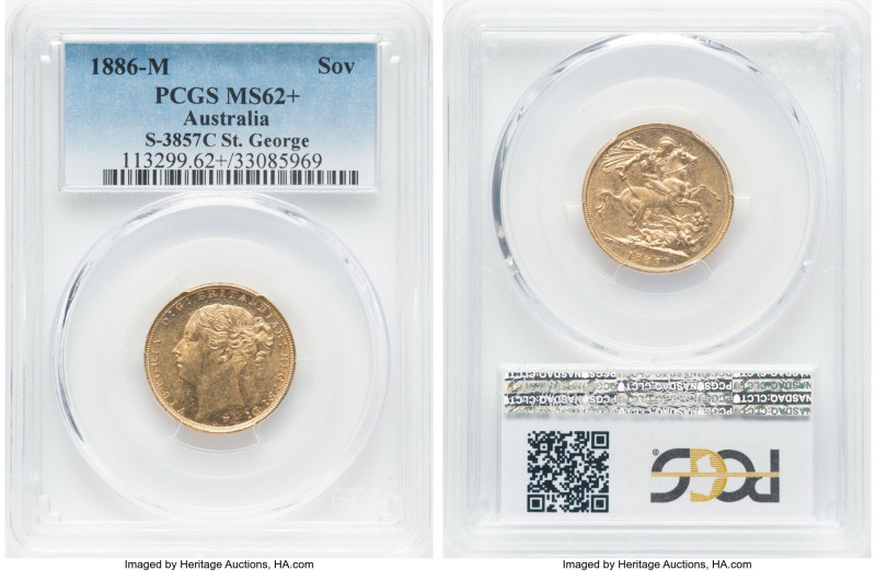 Victoria gold "St. George" Sovereign 1886-M MS62+ PCGS, Melbourne mint, KM7, S-3...