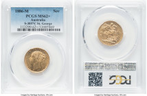 Victoria gold "St. George" Sovereign 1886-M MS62+ PCGS, Melbourne mint, KM7, S-3857C. A smattering of handling marks on the reverse capping the grade ...