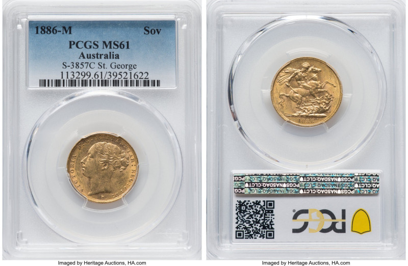 Victoria gold "St. George" Sovereign 1886-M MS61 PCGS, Melbourne mint, KM7, S-38...