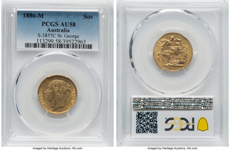 Victoria gold "St. George" Sovereign 1886-M AU58 PCGS, Melbourne mint, KM7, S-38...