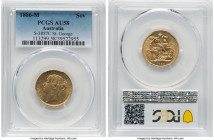 Victoria gold "St. George" Sovereign 1886-M AU58 PCGS, Melbourne mint, KM7, S-3857C. Horse with short tail, WW clear on truncation. A few marks on the...