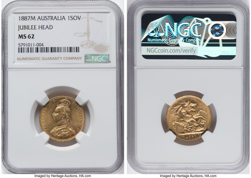 Victoria gold "Jubilee Head" Sovereign 1887-M MS62 NGC, Melbourne mint, KM10, S-...