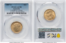 Victoria gold "St. George" Sovereign 1887-S AU58 PCGS, Sydney mint, KM7, S-3858E. Horse with short tail. The final year of the ubiquitous Young Head i...