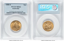 Victoria gold Sovereign 1888-S MS62 PCGS, Sydney mint, KM10, S-3868B. Normal JEB, second legend. Minor chatter on the obverse fields and a mark on the...