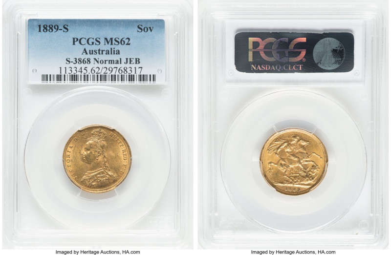 Victoria gold Sovereign 1889-S MS62 PCGS, Sydney mint, KM10, S-3868. Normal JEB,...