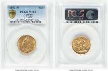 Victoria gold Sovereign 1892-M MS62 PCGS, Melbourne mint, KM10, S-3867C. Normal JEB, second legend. Few instances of light contact scatter the fields ...