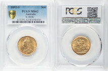 Victoria gold "Jubilee Head" Sovereign 1892-S MS62 PCGS, Sydney mint, KM10, S-3868C. Normal JEB, second legend. A crisp and fresh offering with satisf...