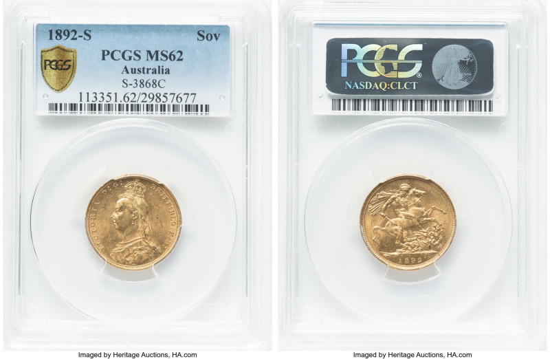 Victoria gold Sovereign 1892-S MS62 PCGS, Sydney mint, KM10, S-3868C. Normal JEB...