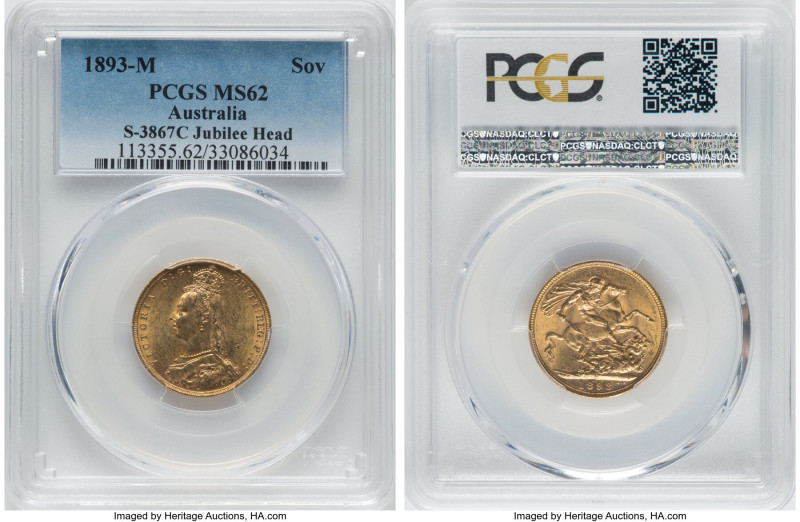 Victoria gold Sovereign 1893-M MS62 PCGS, Melbourne mint, KM10, S-3867C. Normal ...