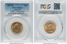 Victoria gold Sovereign 1893-M MS62 PCGS, Melbourne mint, KM10, S-3867C. Normal JEB, second legend. The final year of Jubilee head Sovereigns from Aus...