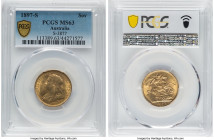Victoria gold Sovereign 1897-S MS63 PCGS, Sydney mint, KM13, S-3877. A comforting honeyed hue adorns this Choice Mint State representative, boasting c...