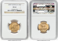 Victoria gold Sovereign 1899-P MS62 NGC, Perth mint, KM13, S-3876. Few instances of contact on the obverse noted, regardless this first year issue fro...