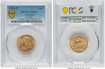 Victoria gold Sovereign 1901-P MS63 PCGS, Perth mint, KM13, S-3876. Reassuringly Choice, with harvest-gold surfaces expressing delicate luster. HID098...