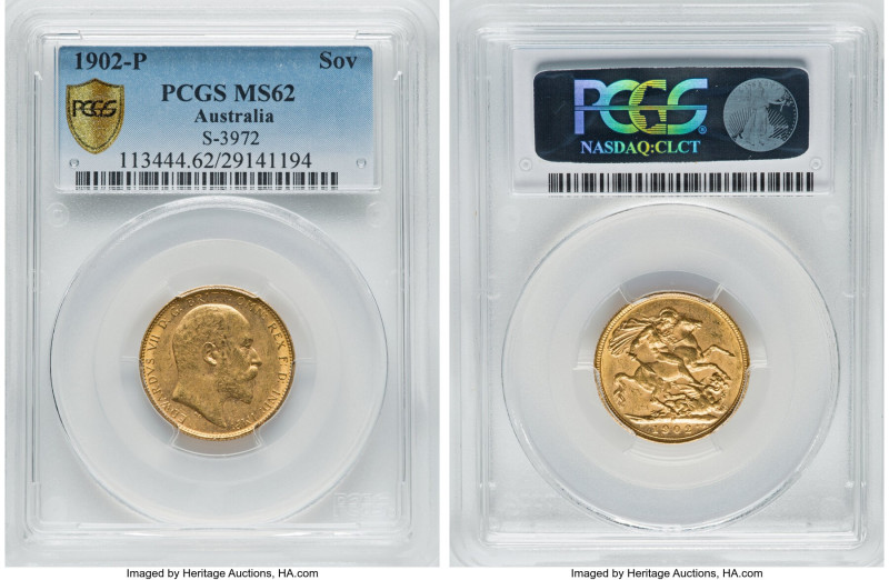 Edward VII gold Sovereign 1902-P MS62 PCGS, Perth mint, KM15, S-3972. A pale-gol...