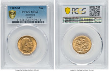 Edward VII gold Sovereign 1902-M MS62 PCGS, Melbourne mint, KM15, S-3971. A nice-looking and luminous example, only few handling marks capping the gra...