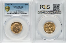 Edward VII gold Sovereign 1903-S MS62+ PCGS, Sydney mint, KM15, S-3973. A handsome example in pale-gold hue, with practically impeccable luster cascad...