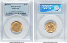 Edward VII gold Sovereign 1904-P MS62 PCGS, Perth mint, KM15, S-3972. Light touches of cabinet friction define the high-points on this sparsely handle...