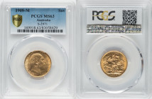 Edward VII gold Sovereign 1909-M MS63 PCGS, Melbourne mint, KM15, S-3971. The reverse essentially unimpacted by exchange, a bright patch below the Kin...