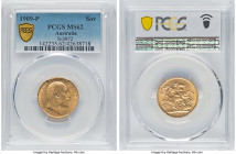 Edward VII gold Sovereign 1909-P MS62 PCGS, Perth mint, KM15, S-3972. A quietly shimmering piece, admitting only limited chatter across the pale-yello...