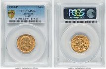 Edward VII gold Sovereign 1910-P MS63 PCGS, Perth mint, KM15, S-3972. A remarkable and Choice survivor, currently bested by a single example in the PC...