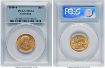 Edward VII gold Sovereign 1910-S MS63 PCGS, Sydney mint, KM15, S-3973. An eye-catching example punctuated with hints of cognac toning in the legends, ...