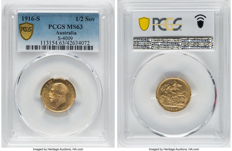 George V gold 1/2 Sovereign 1916-S MS63 PCGS, Sydney mint, KM28, S-4009. The las...